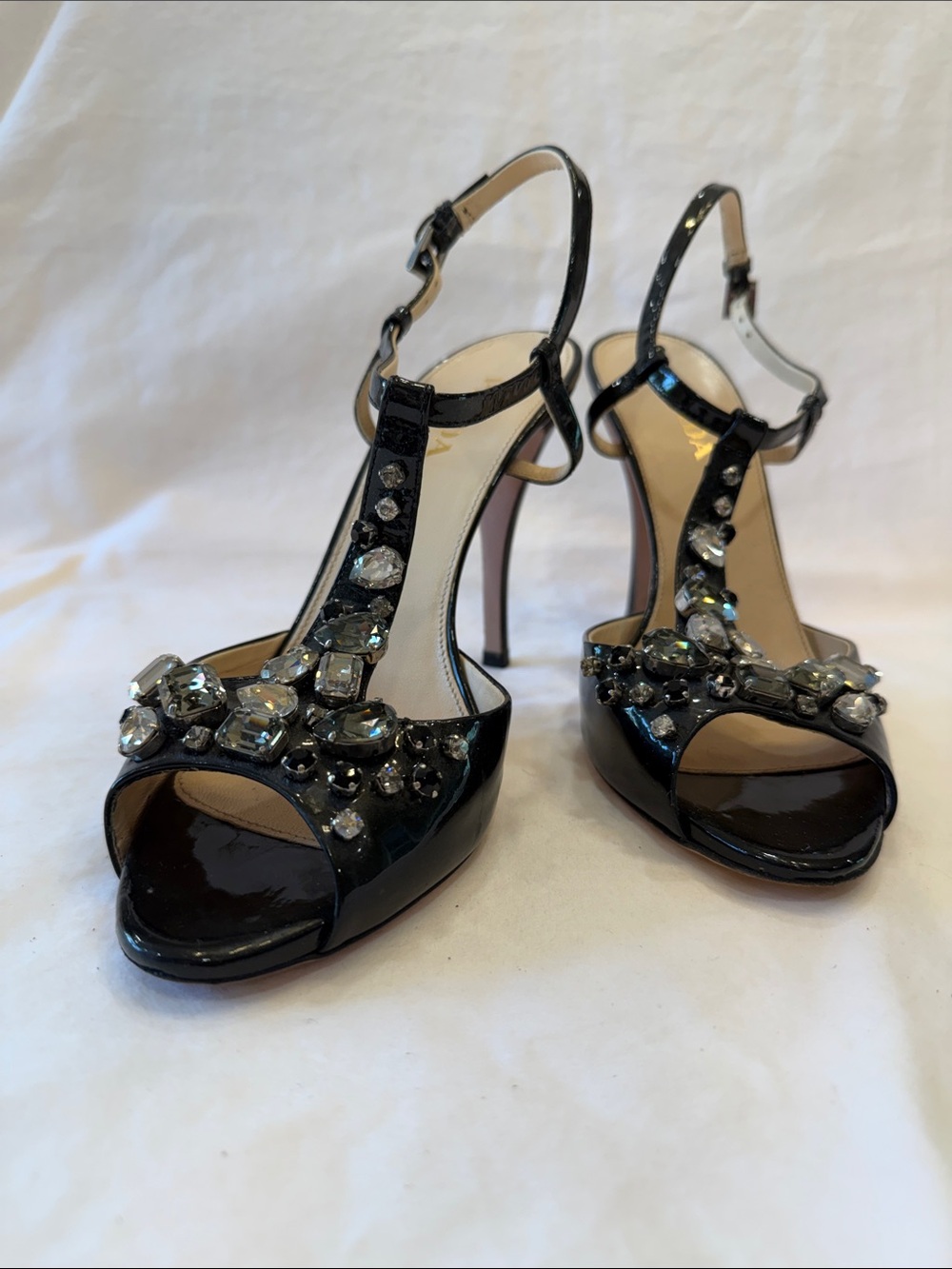 Prada Black Patent Jeweled T‑Strap Slingback Heels